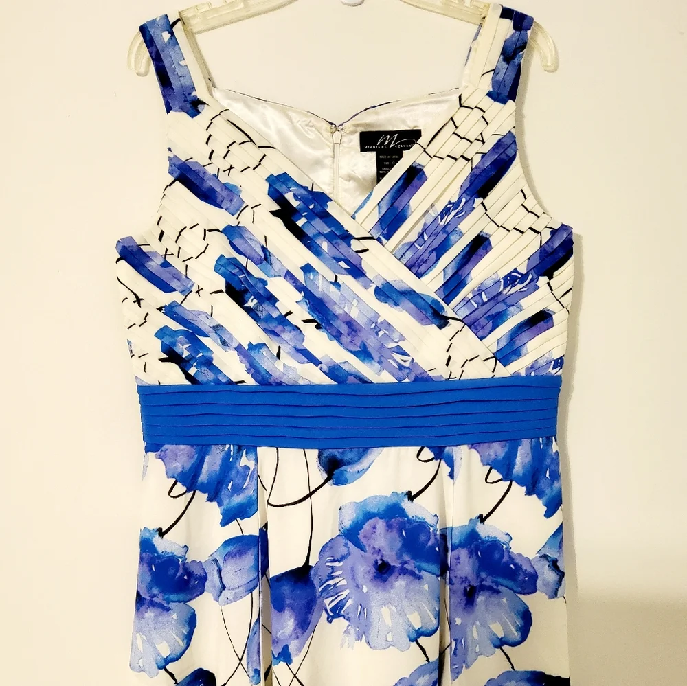 Midnight Velvet Blue/White/Purple Floral Print Surplice Pleated Fit & Flare Sz10 - Picture 2 of 9